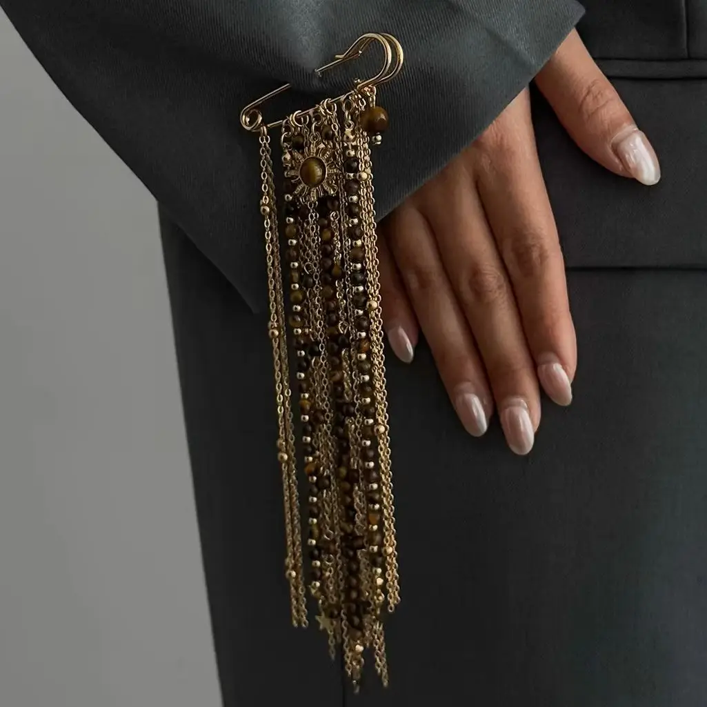 HangZhi Edgy Tassel Chain Brooch Pin Punk Rock Style Tiger Eye Sunflower Star Charm Trendy Lightweight Statement Women Jewelry view 3