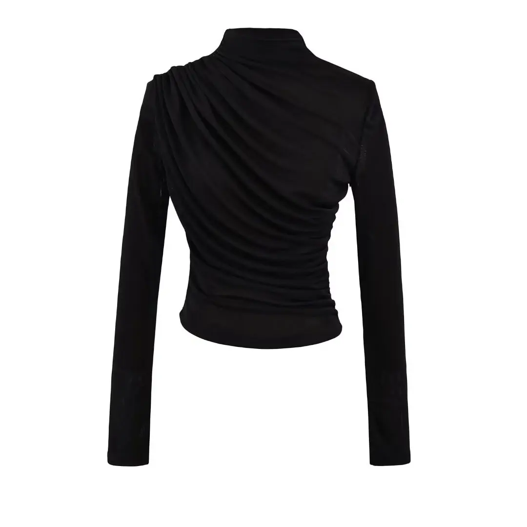 Slim Fit Long Sve T-irt Women's High Ne Base irt Design Sense Pleated Waist Cinching Street Sle ort Length Elastic