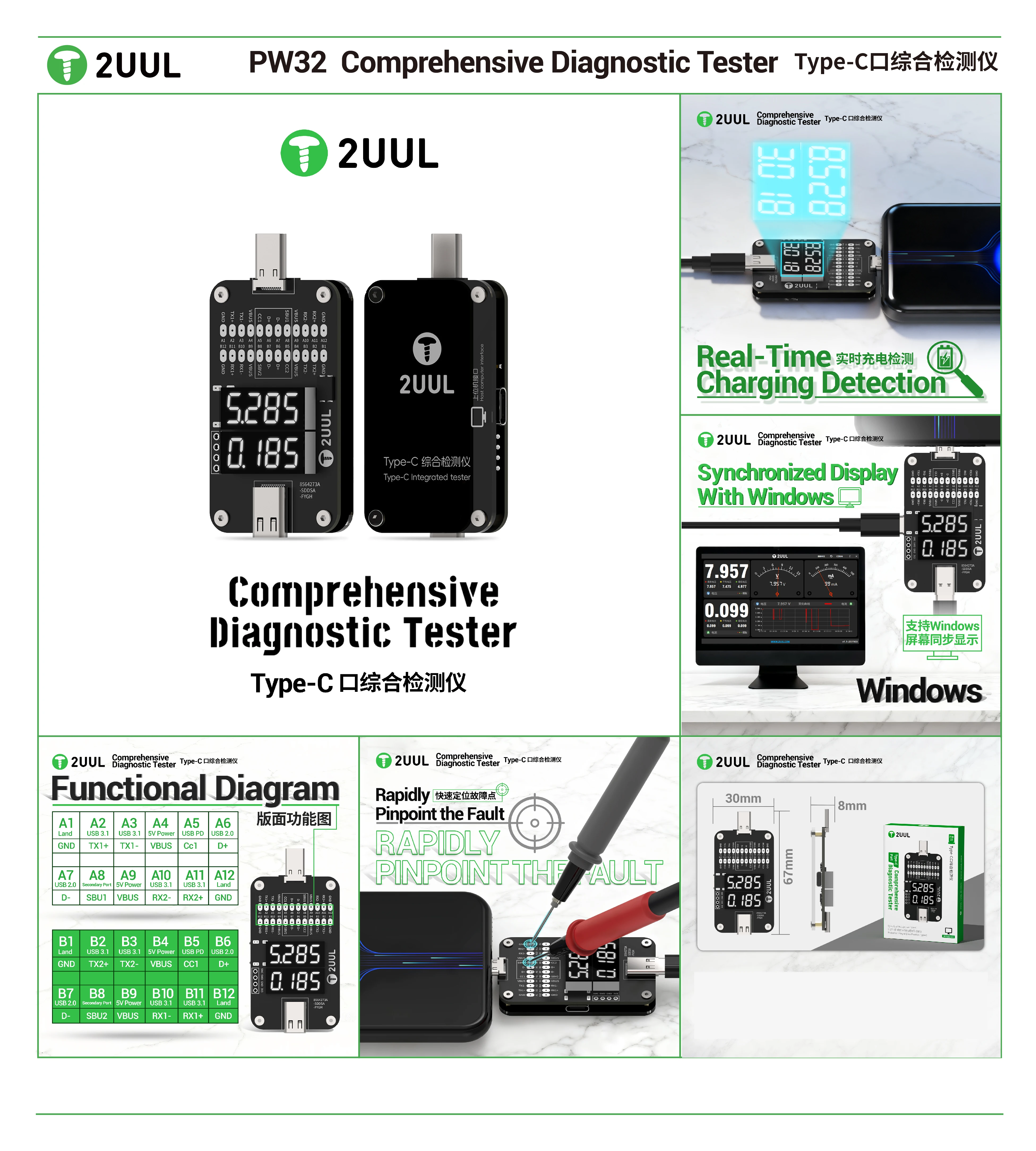 2UUL PW32 Tester for real-time charging detection of Type-C port, quick fault location tool for tail plug testing