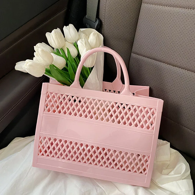 

Mesh Tote Handbag Women Summer Waterproof PVC Beach Bag Picnic Basket Trendy Shopping Shoulder Bag Purse Cute Macaron Jelly Bags