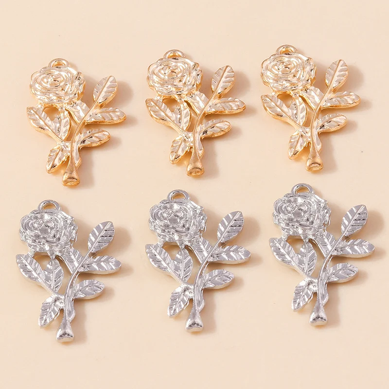 Leslie 10 Stück/Set Trendige Legierung Gold Silber Farbe Rosen-Blumen-Anhänger für Armbänder Halsketten DIY Handgemachtes Schmuckzubehör – Detail 3