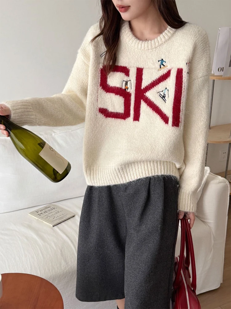 

Casual Letter Kintted Ski Sweater Women Fashion Round Neck Full Sleeve Loose Cropped Pullover 2026 Lady Outdoor Commute Outwear
