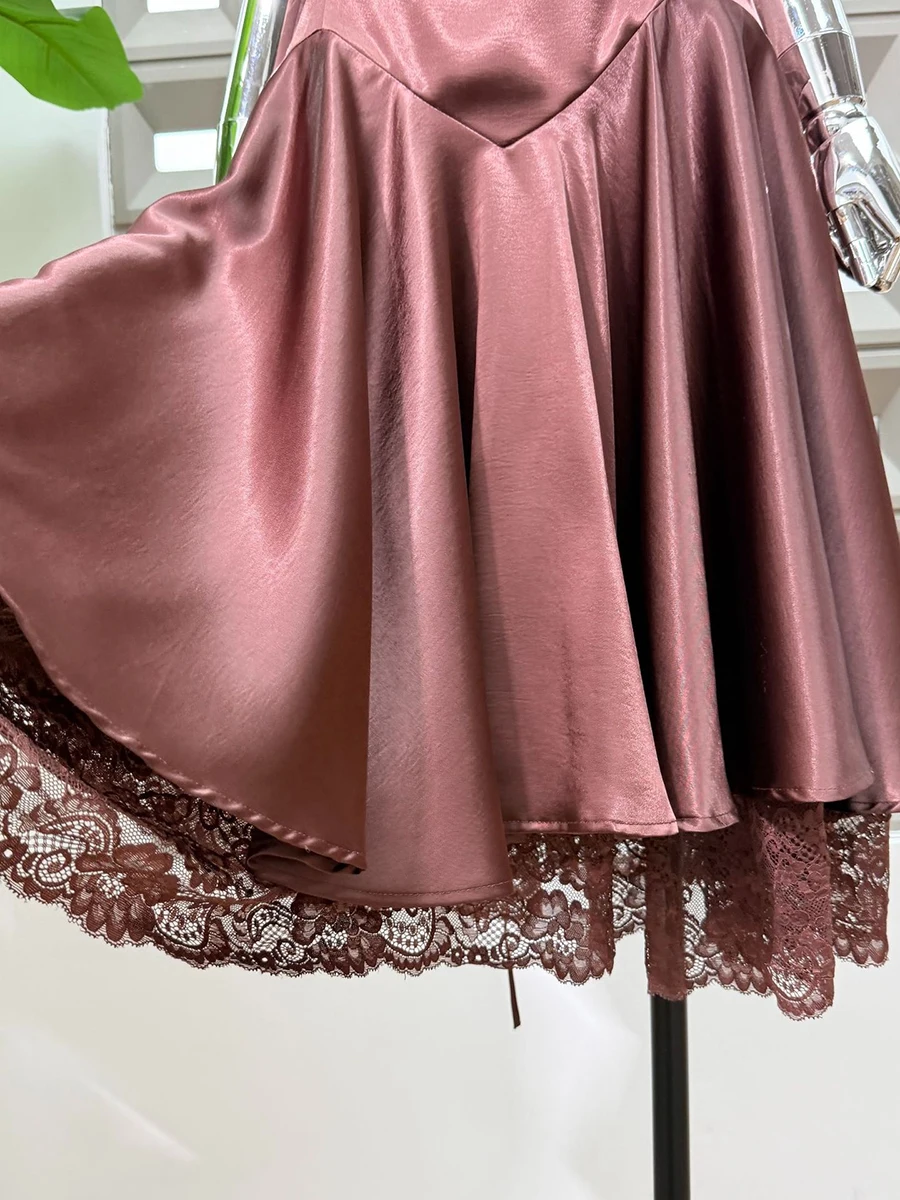 TWOTWINSTYLE Solid Spliced Lace Slimming Slip Dress for Women Square Neck Sleeveless Patchwork Folds Dresses Female Fashion New