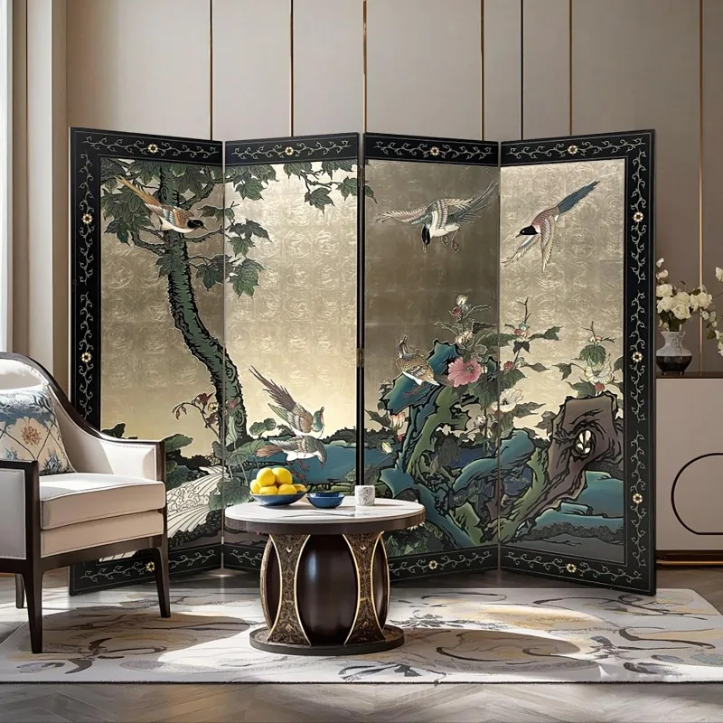New Chinese style silver foil solid wood screen, hand-painted flower and bird lacquer painting partition screen folding screen