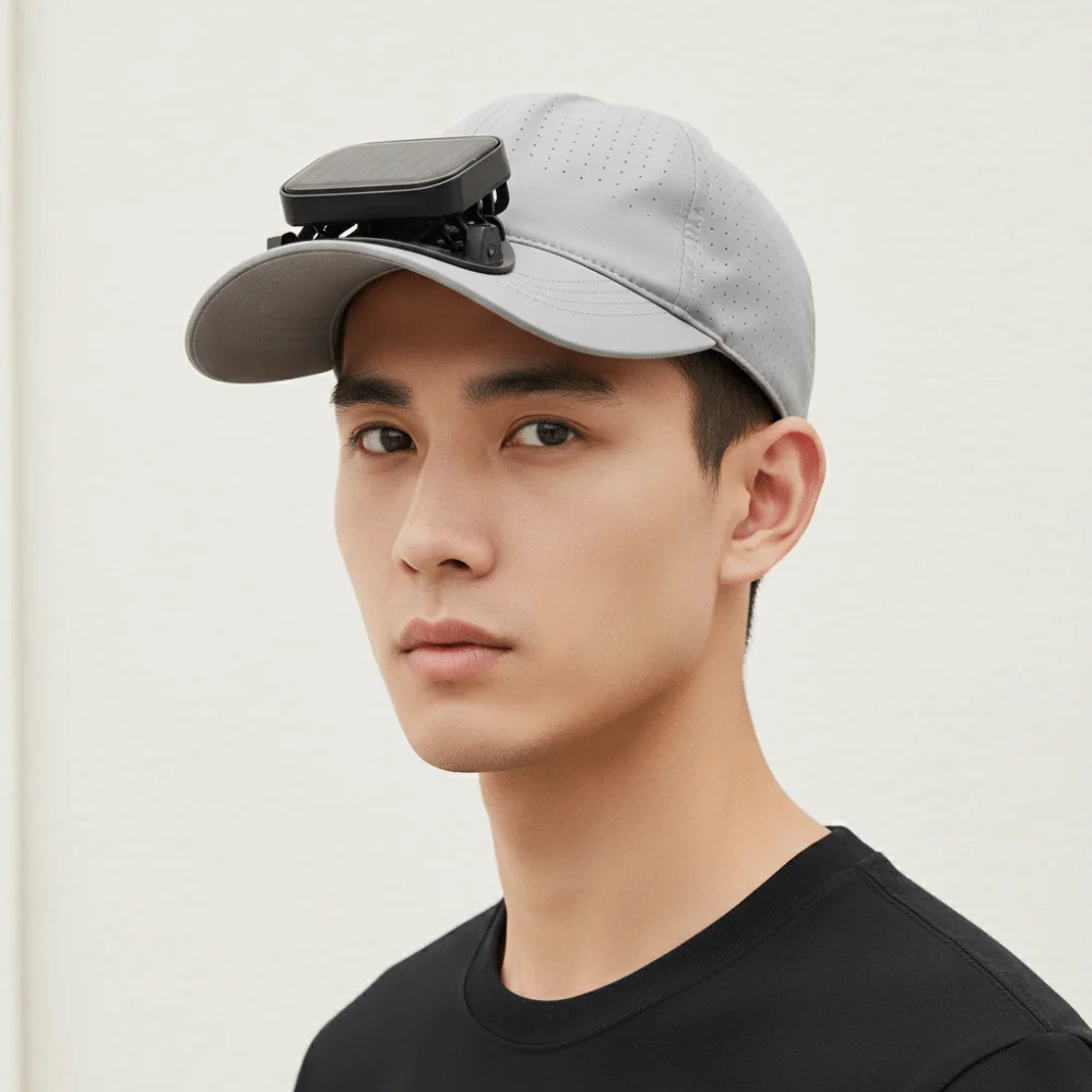 

Portable Solar Powered Fan Baseball Cap Solid Color Long-lasting Rechargeable Fan Hat Adjustable Polyester for 3.7V/300mAh