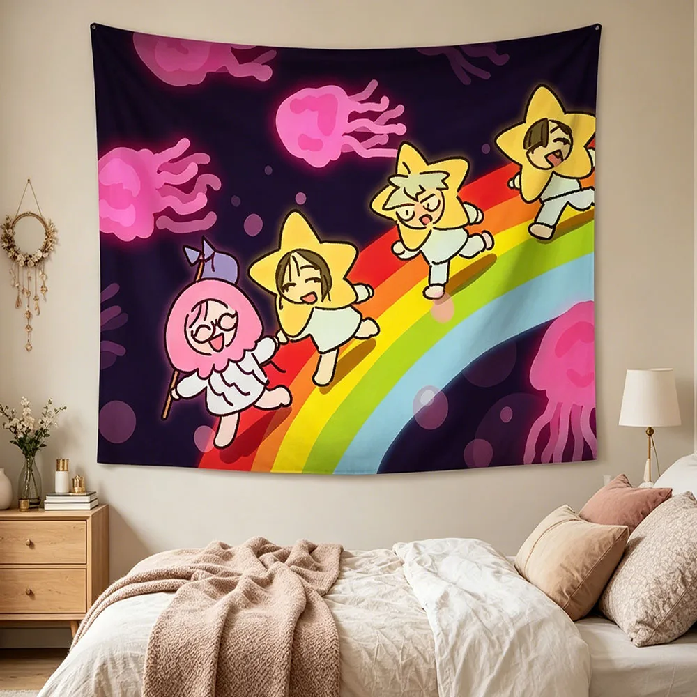 Cute Doodle Star Character Rainbow Jellyfish Wall Tapestry, Dark Night Sky Cartoon Hand Drawn Print Wall Hanging, Soft Polyester