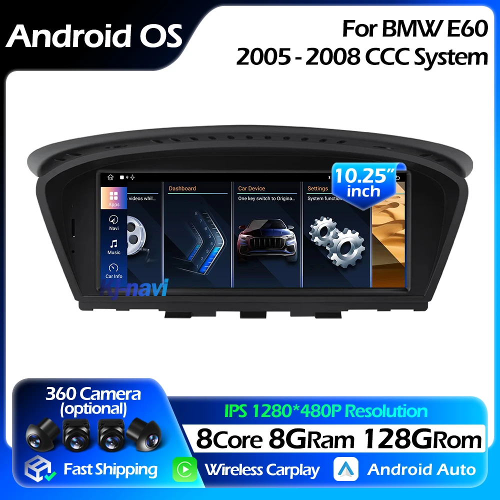 

10,25 дюймовый беспроводной Carplay Авто Android 14 для BMW E60 2005 - 2008 система CCC GPS навигация 4G радио плеер BT 5GWifi RDS