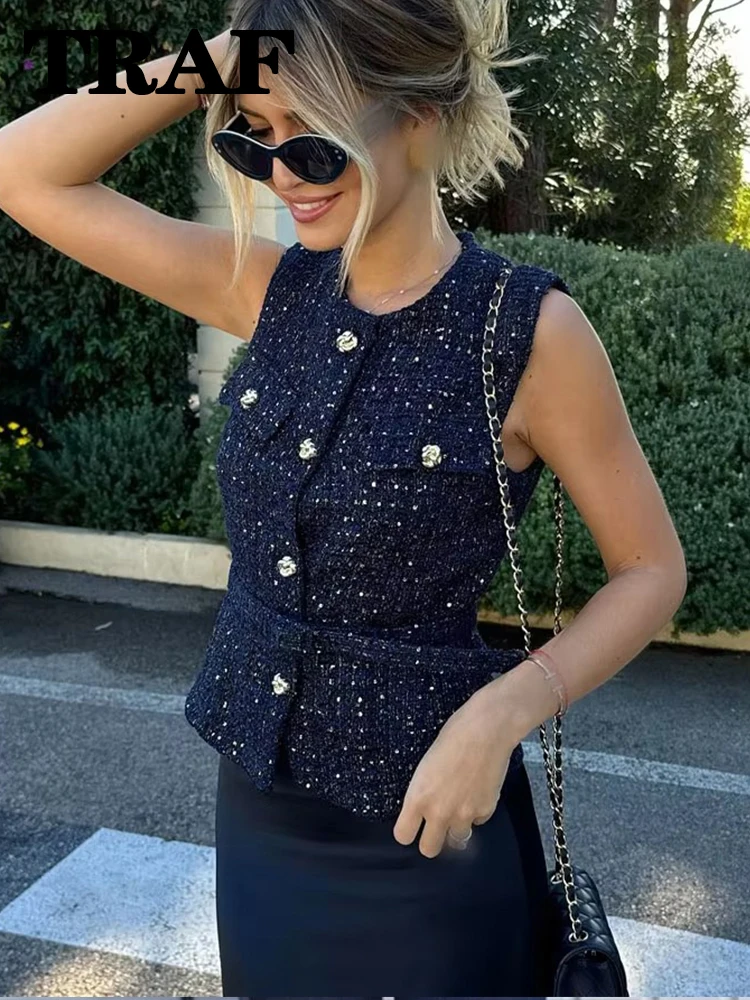 TRAF Women Sequin Blue Vest New Fashion With Belt Vests for Women 2024 Autumn Sleeveless Coat Streetwear Chic Waistcoat Tops