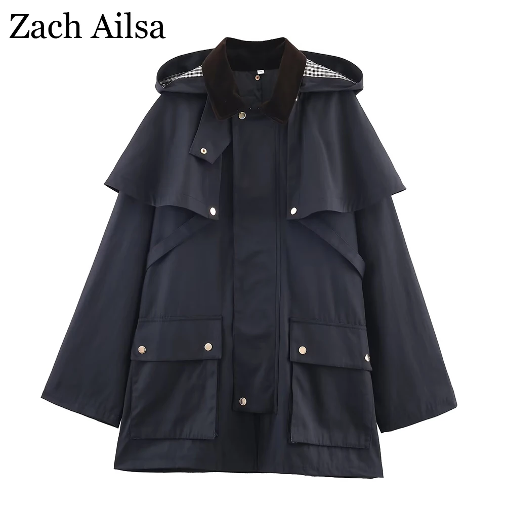 

Женский осенний модный индивидуальный свободный плащ с капюшоном и контрастным воротником в европейском и американском стиле