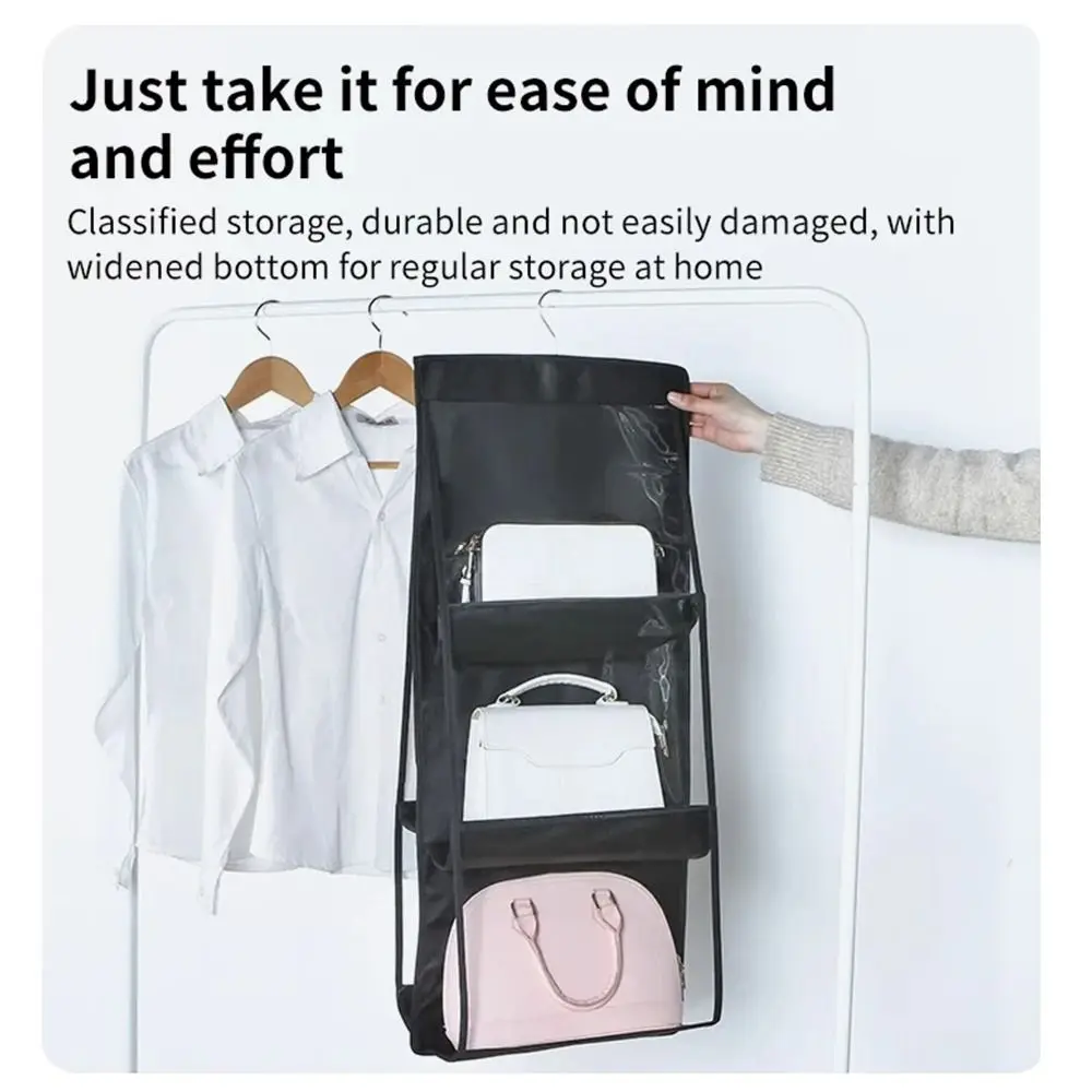 

1Pcs Durable 6 Pockets Hanging Handbag Organizer Black With Hanger Pouch Storage Bag Waterproof Clear Sundry Bag Door Wall