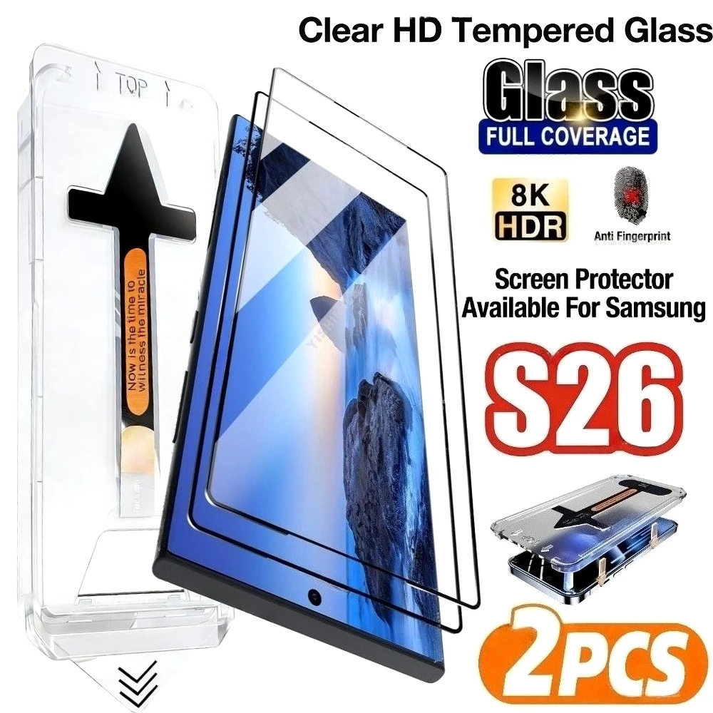2Pcs High Clear Tempered Glass for Samsung Galaxy S26 S25 S24 S23 Ultra S22 S21 Plus S25 S24 FE One Click Installation Protector