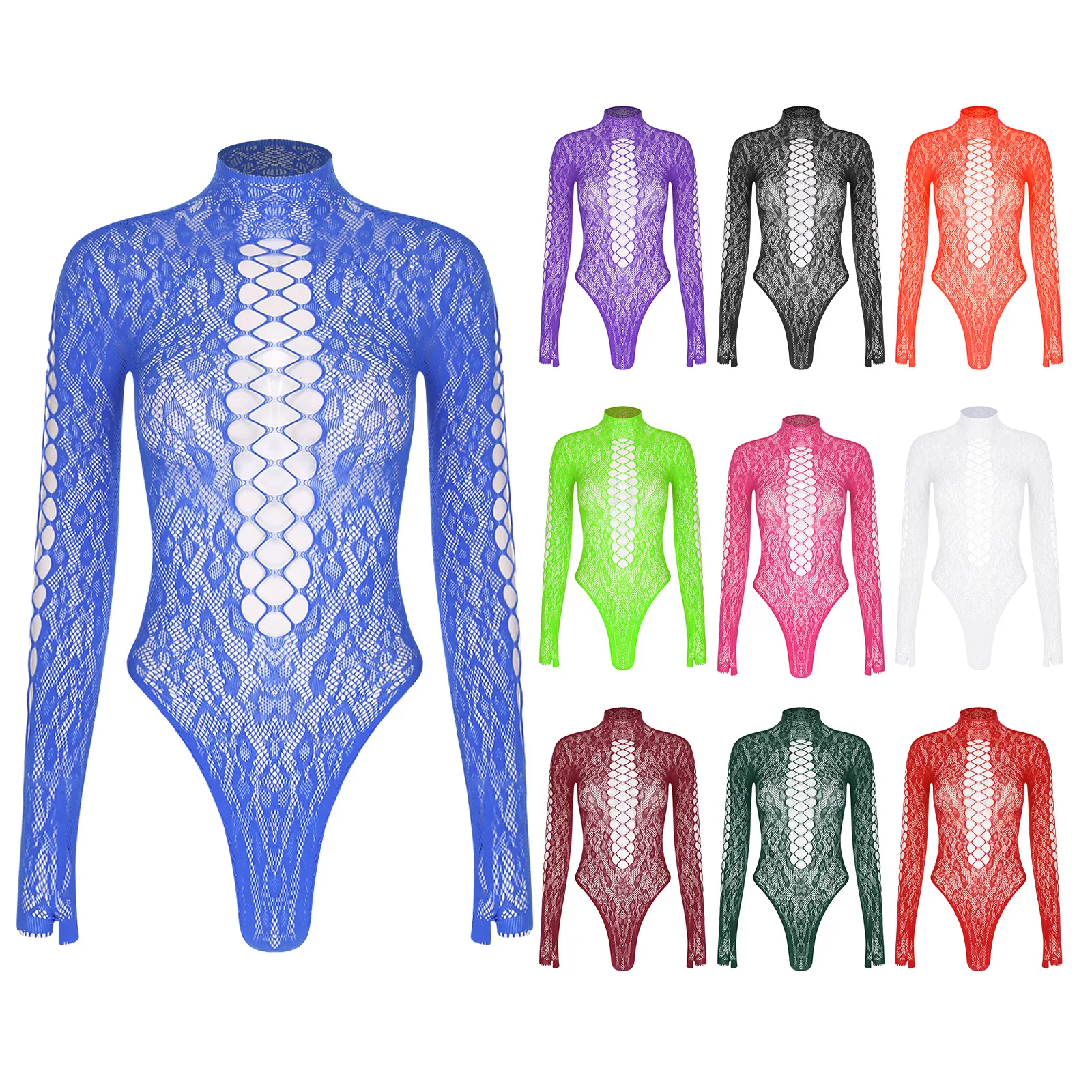 Lingerie da donna a rete trasparente con maniche lunghe scavate Body in rete trasparente con collo a lupetto e taglio alto senza schienale Nighwtear