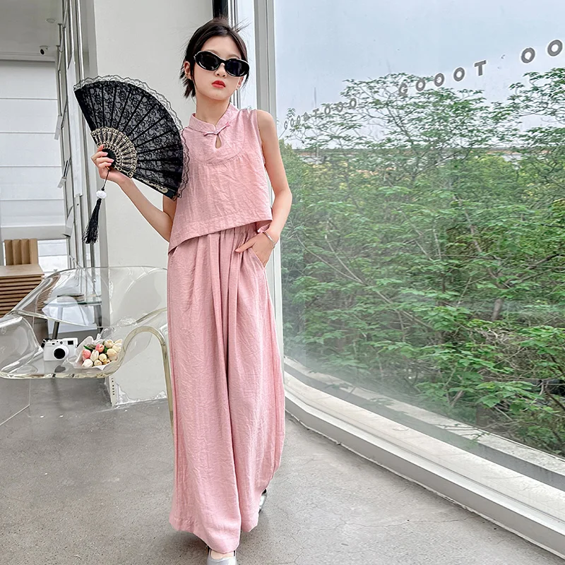 Chinese Style Children Clothes Girl Summer Sleeveless Tank Top and Wide Leg Pants Two Piece Set 2026 Loose Breathable Casual