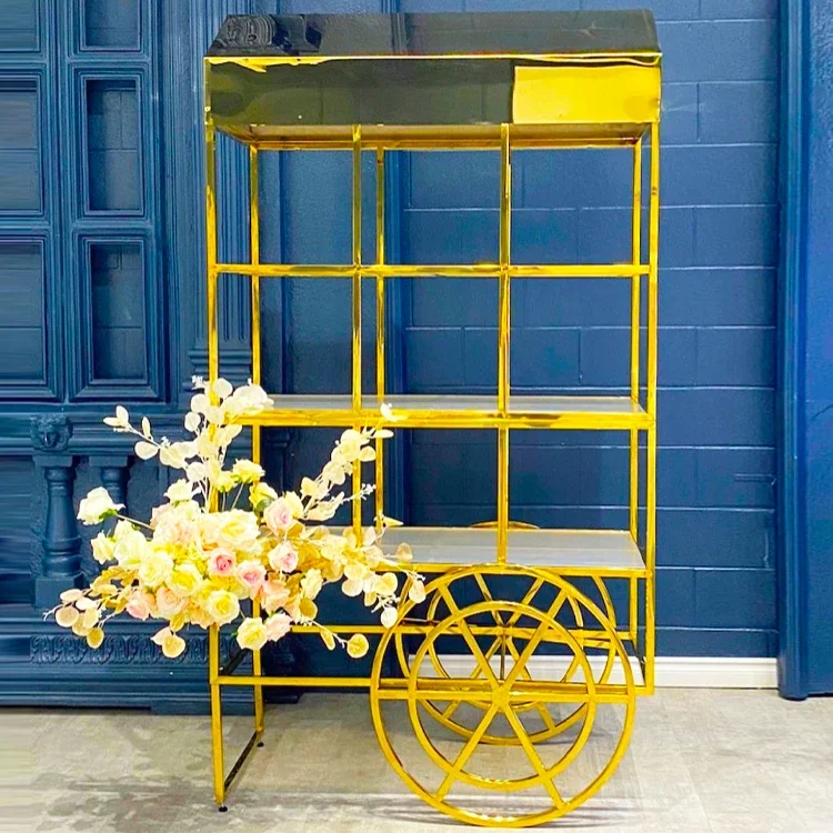 Luxury Metal Wedding Gold Flower Candy Cart Display Decorations