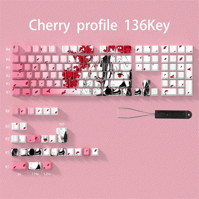 136PCS Keycaps Side Print Anime Girl Theme Keycap Set With Backlit for Gaming Mechanical Keyboards Office Work