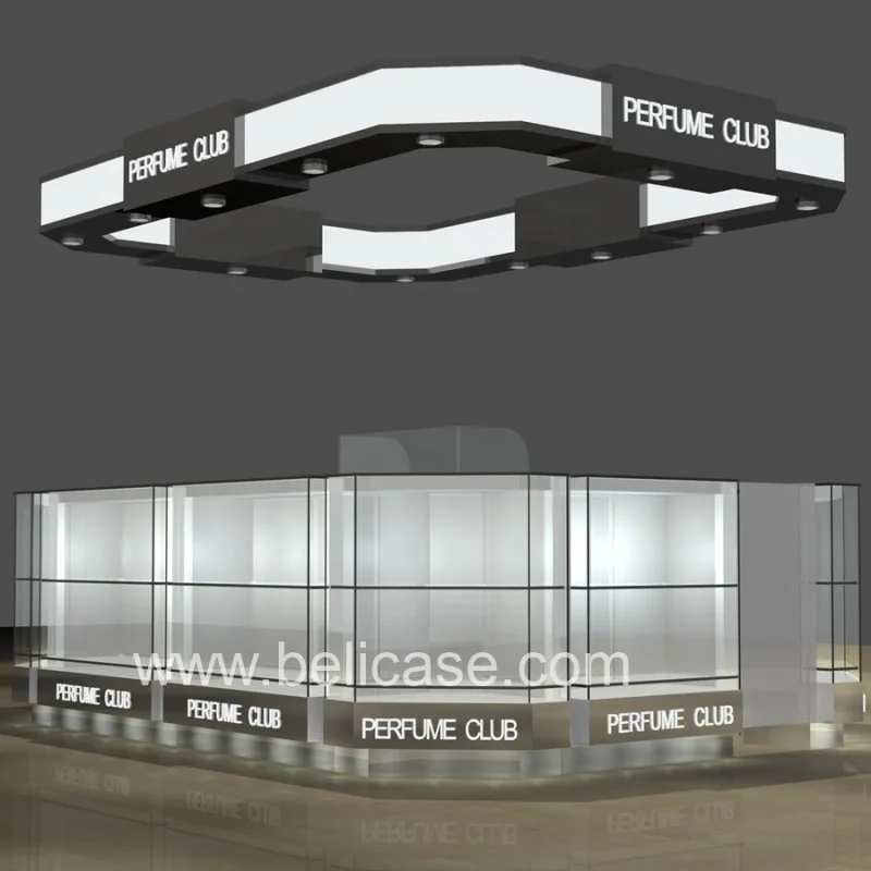 custom，Factory Customized Cosmetics Counter Perfume Showcase with Led Light Perfume Display Kiosk Booth for Mall
