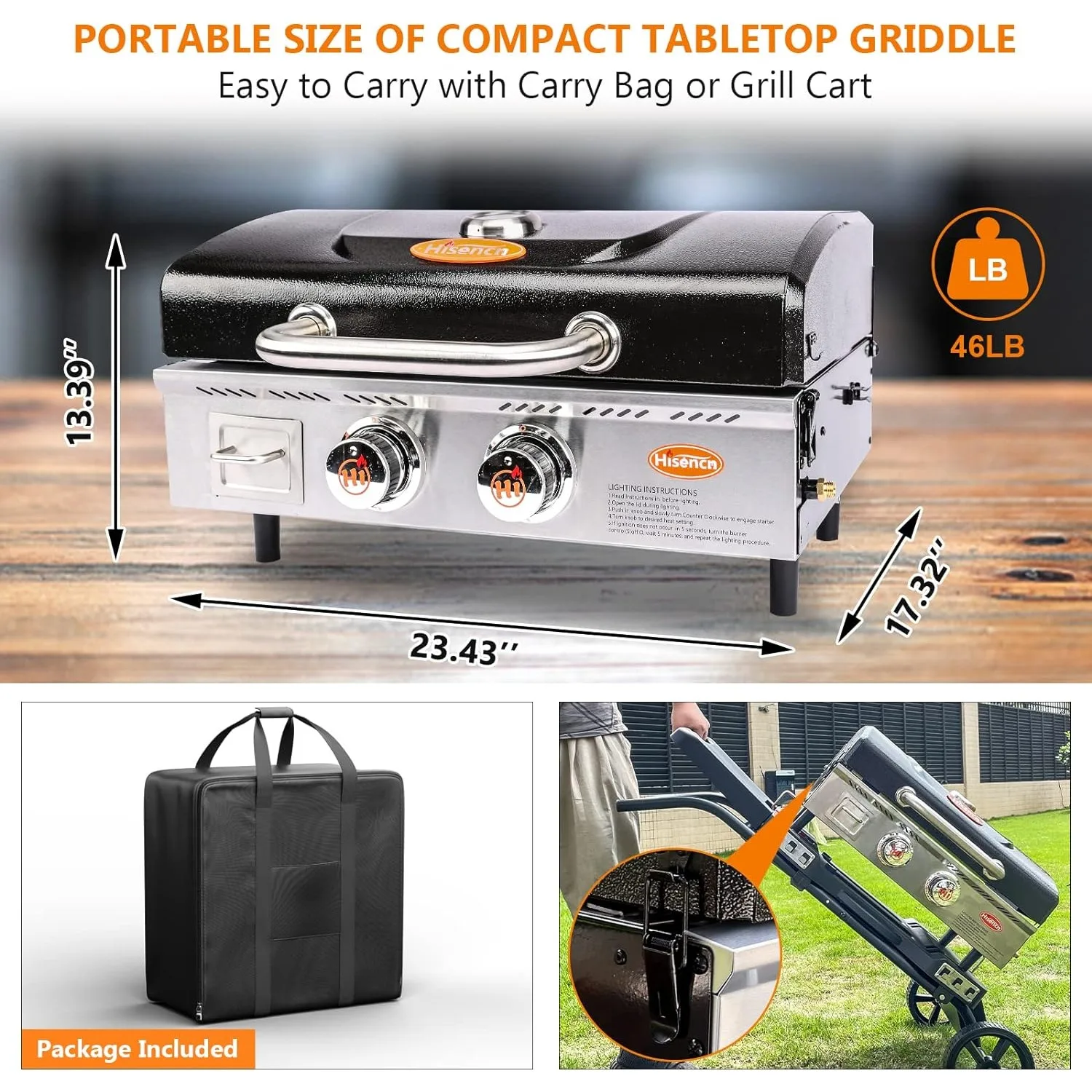 Portable Flat Top Grill Propane Gas Grill，RV - 348 sq. in. Heavy Duty & 24000 BTUs Griddle for BBQ Grill, 22 Inch with Hood