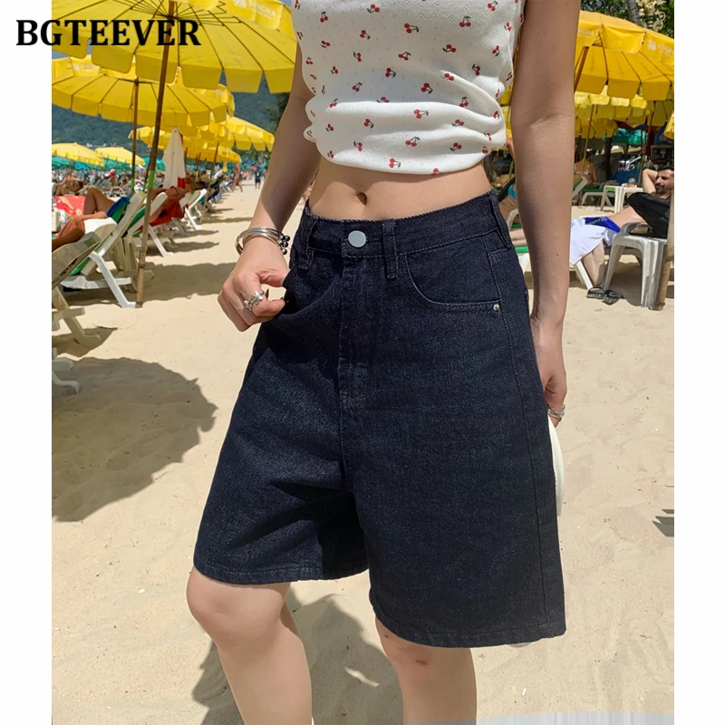 

BGTEEVER Retro High-waisted Loose Wide-leg Denim Shorts for Women Versatile Jeans Shorts for Summer