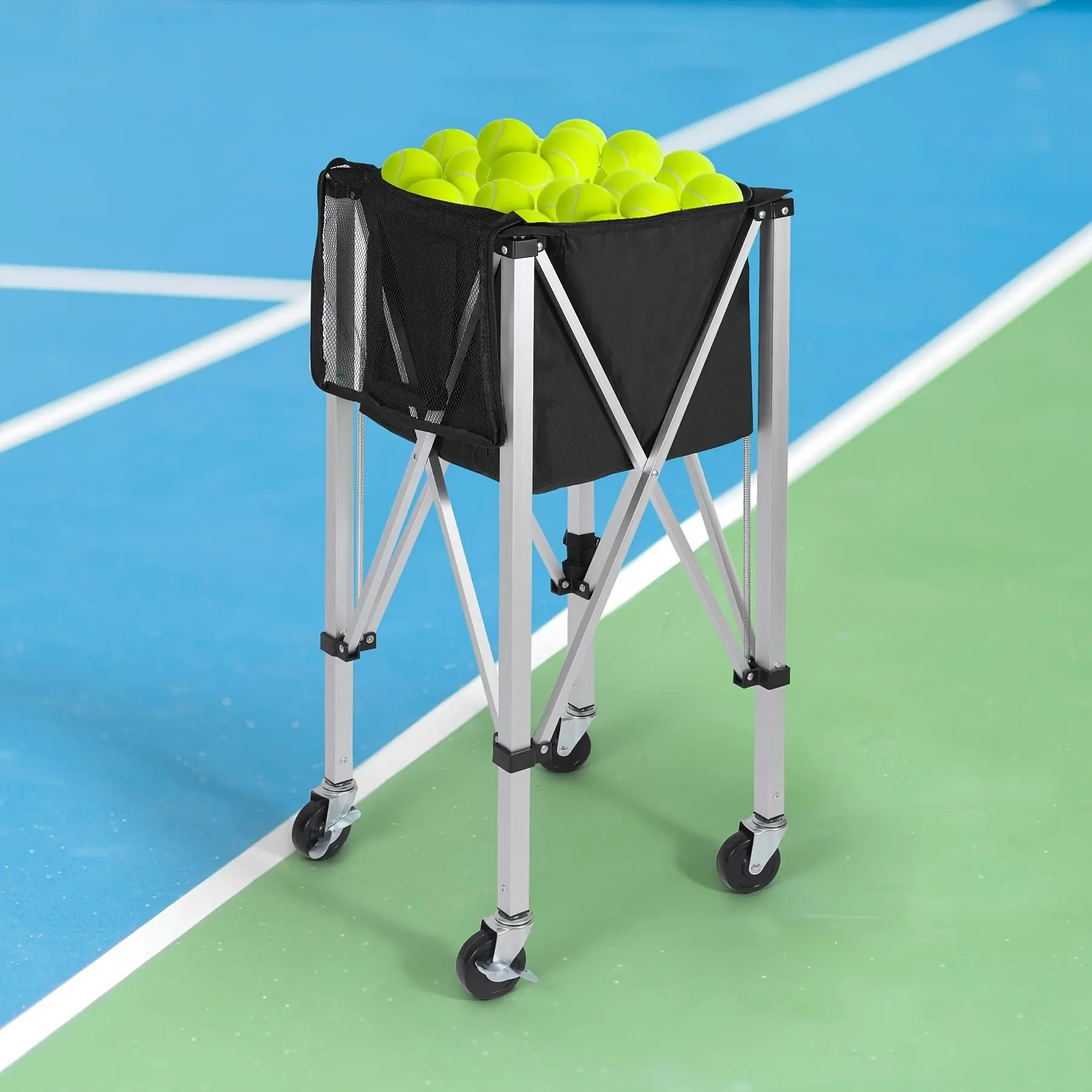 

Folding Ball Caddy Cart - Portable Pickleball, Tennis & Coach Pick-Up Wheeled Carrier