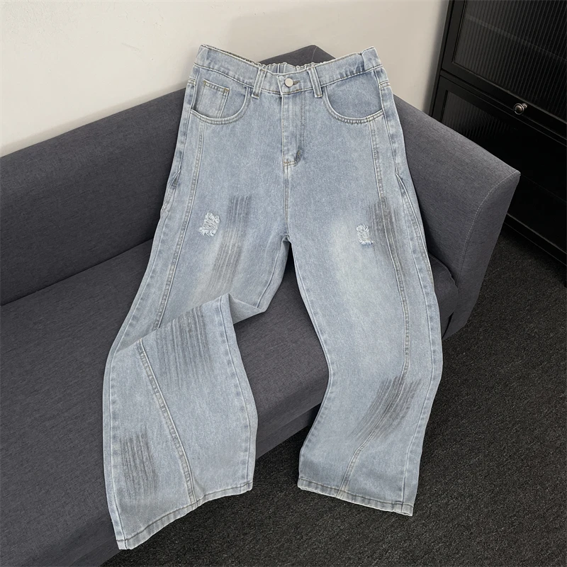 

American Waed Wide Leg Knife Jeans Men Loose Straight Korean Version Hole Design Men's Micro Flare Silhouette Pants