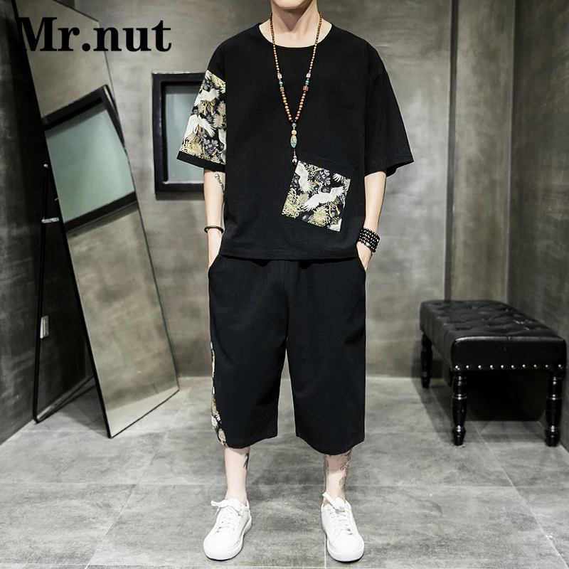 Mr.nut Summer Casual Chinese Style Men T-shirt Capris Two Piece Set of Women Stylish Streetwear Suit Beach Vacation Clothing