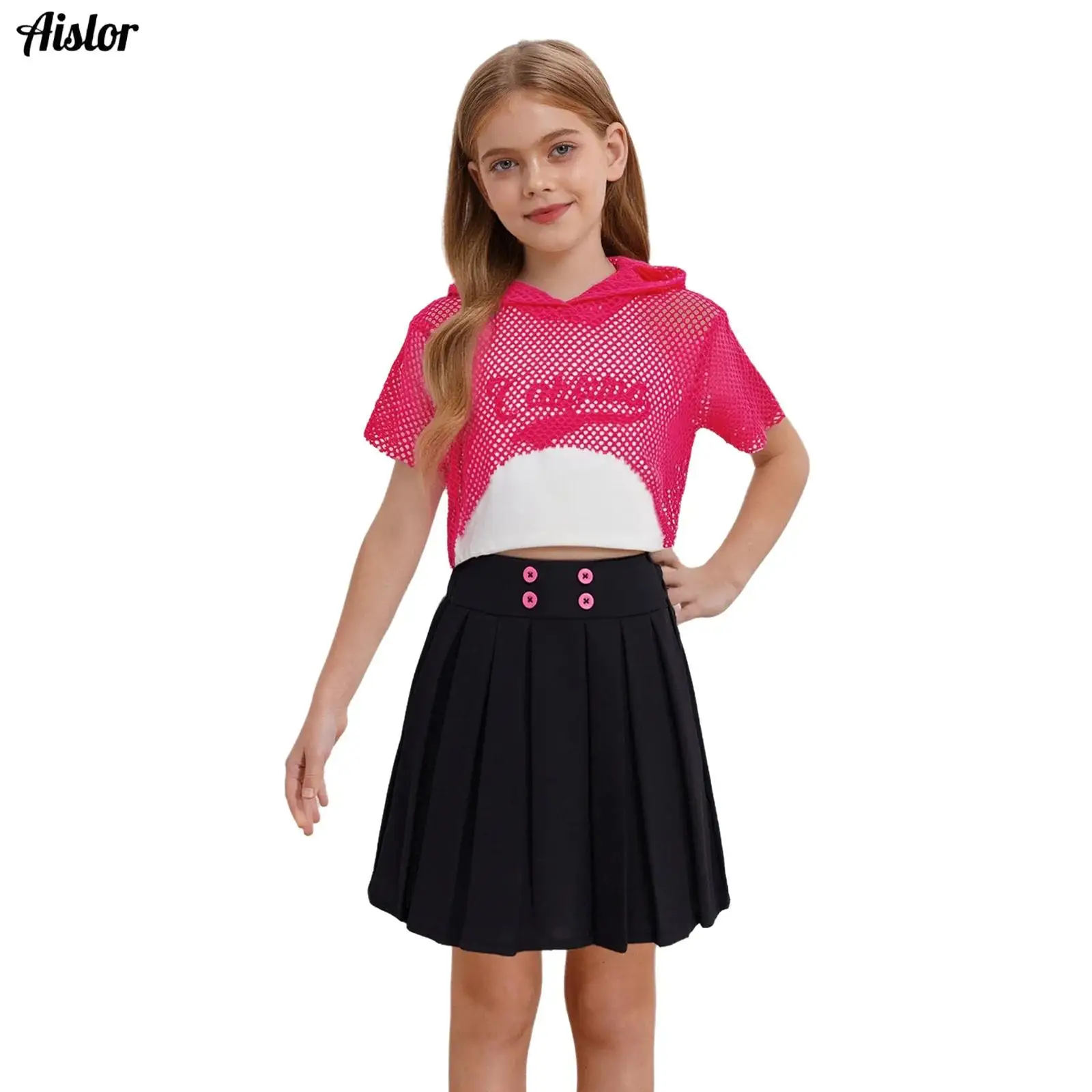 

3Pcs Kids Girls Hip Hop Dance Costume Outfit Short Sleeve Hollow Out Mesh Hoodie+Letter Printed Vest+Pleated Skirt Streetwear