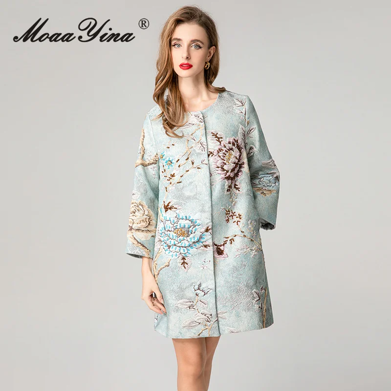 معطف MoaaYina لخريف وشتاء 2025 للسيدات جديد عصري برقبة دائرية وأكمام طويلة من قماش الجاكار وخرز للأظافر سترة واقية من الرياح #6