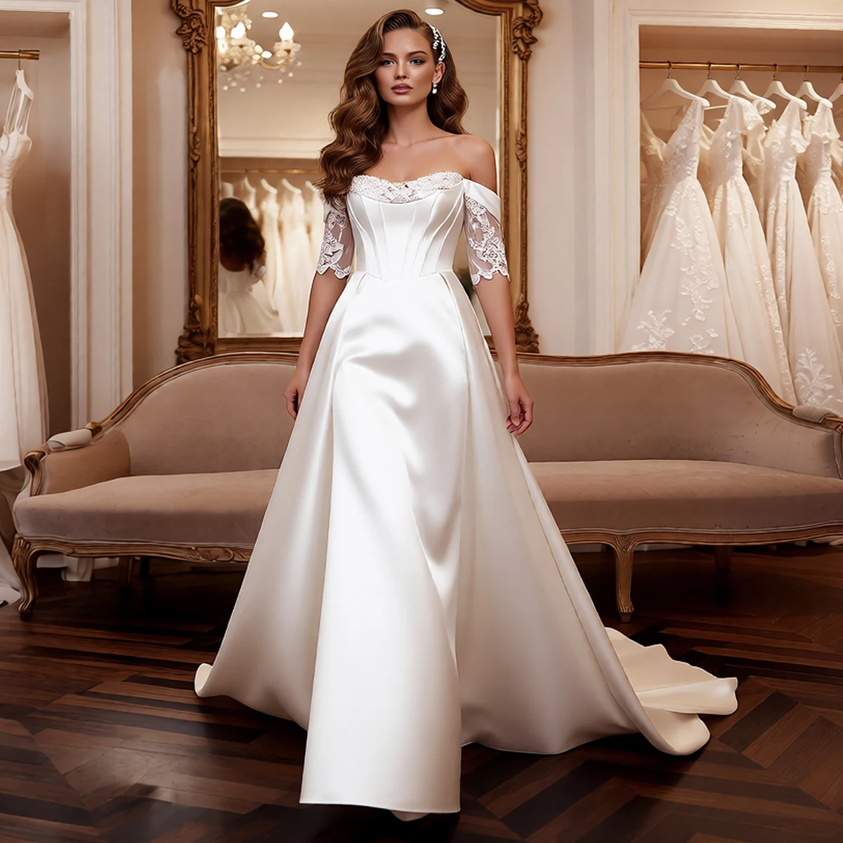 

Elegant Satin Appliques Wedding Dresses With Train Off Shoulder Ball Gown For Women Lace Sleeve Bridal Party Gown Vestidos Novia