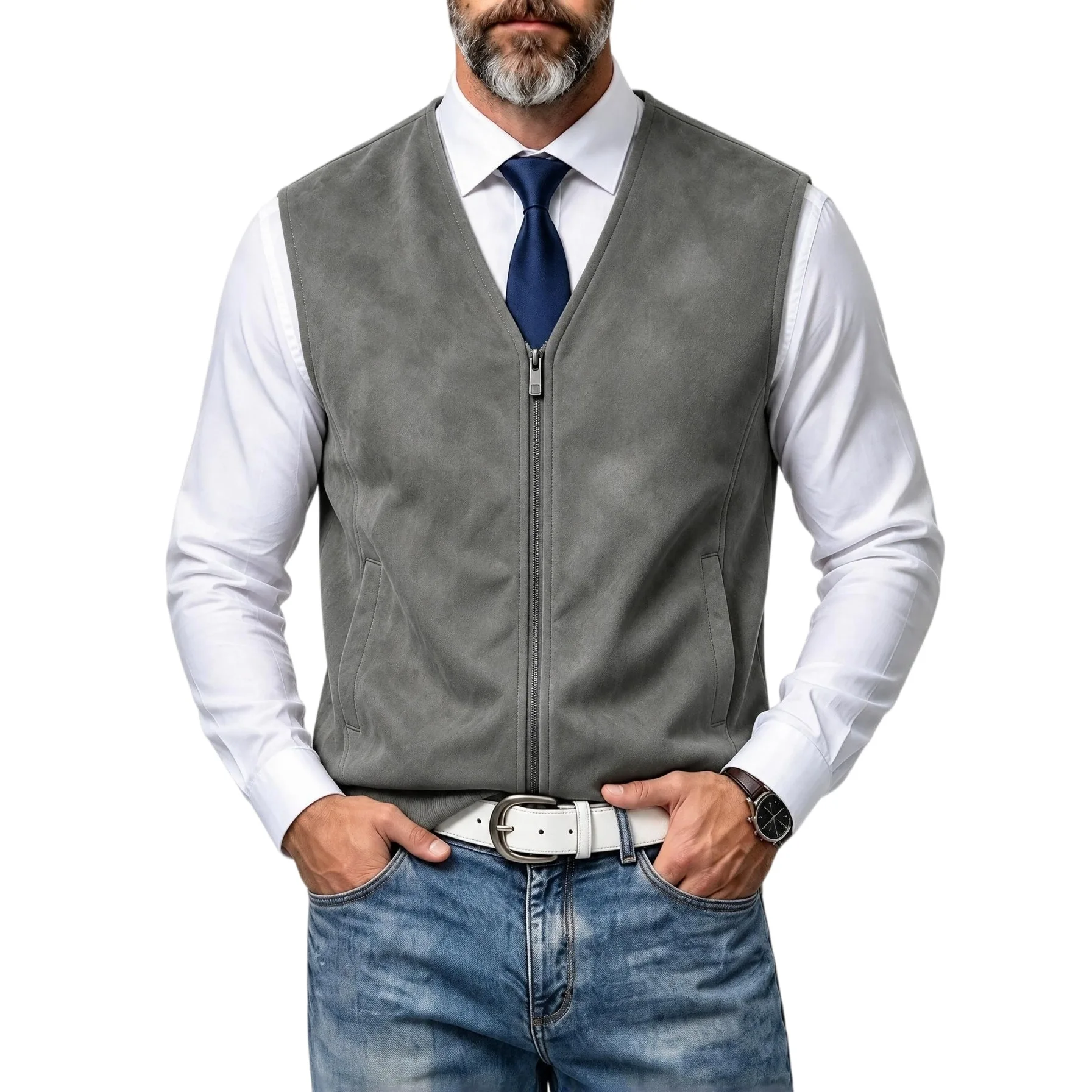Spring Autumn Faux Suede Vests Men V-Neck Solid Color Zipper Sleeveless Jackets with Pocket Male Slim Casual Business Waistcoat