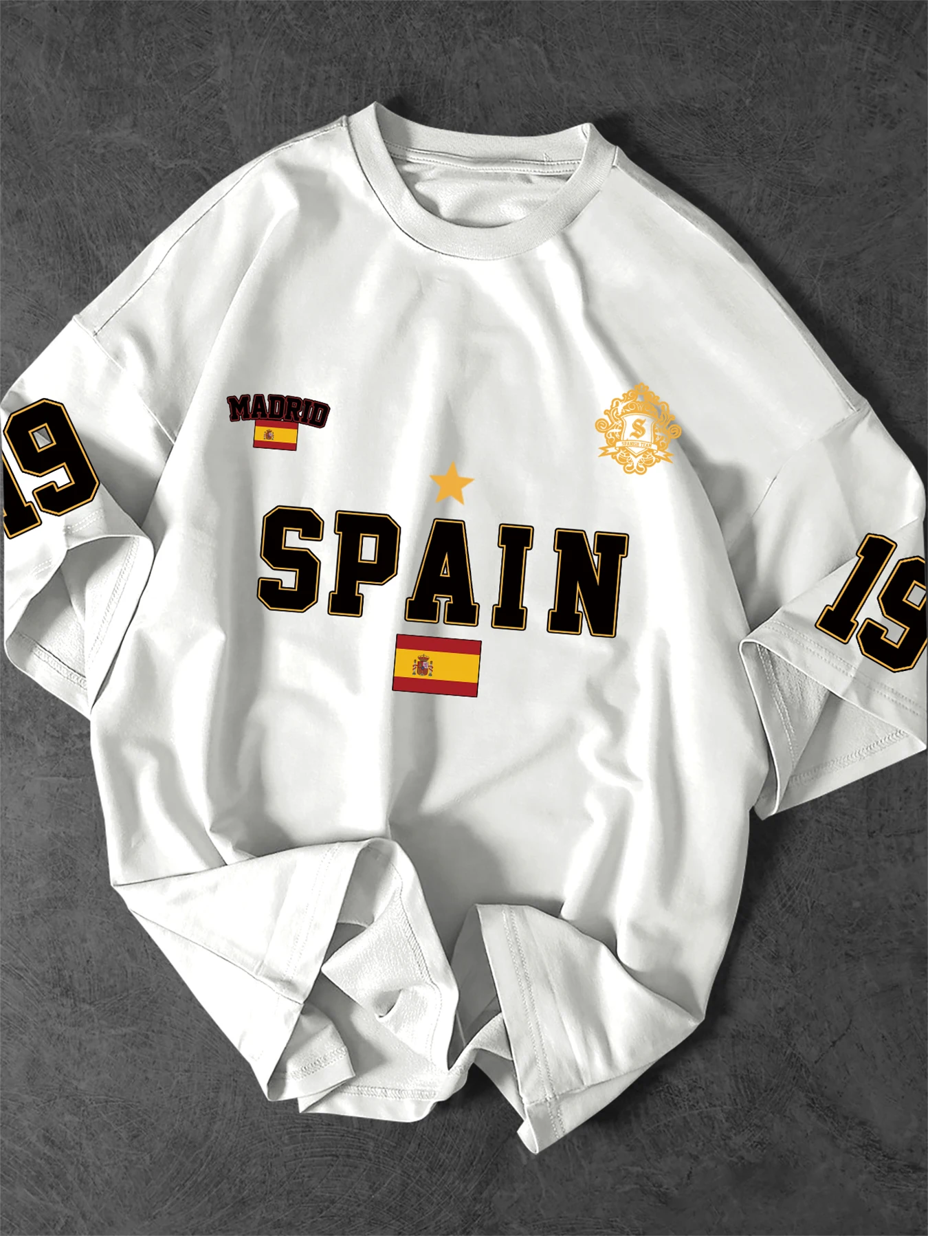 Men's Oversized Spain 19 T-Shirt Madrid Flag Crown Graphic Short Sleeve Tee Casual Streetwear Tops