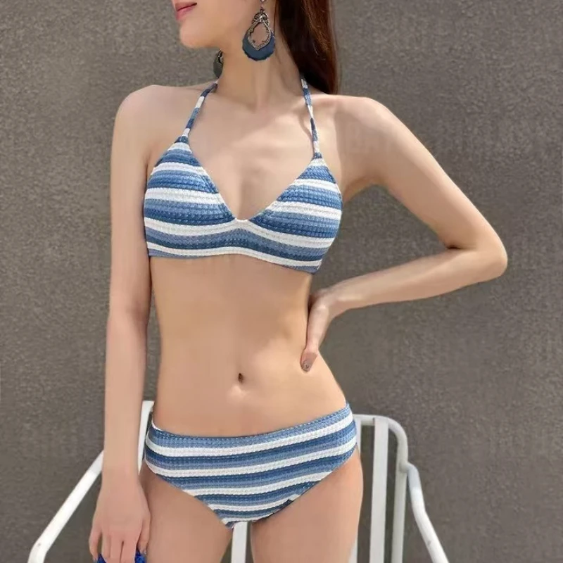 Korean Striped Tankini Swimsuit Sexy Halter Backless Push-Up Triangle Bikini Set with Cover Up Beach Vacation Swimwear for Women 3