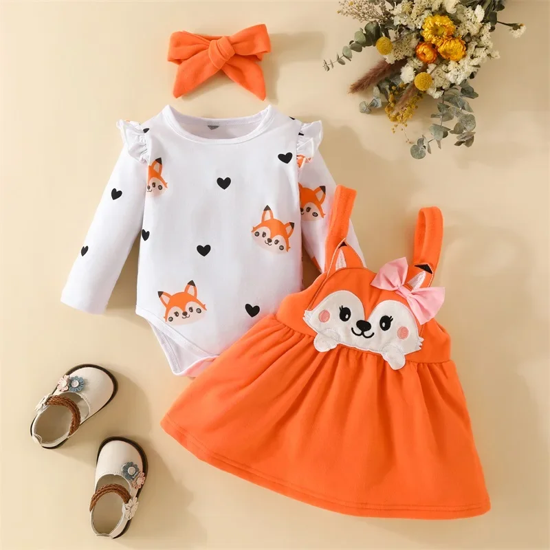 Newborn Baby Girls Autumn Outfits Casual Long Sleeve Cartoon Fox Print Romper Orange Suspender Skirt Headband 3pcs Clothes Sets