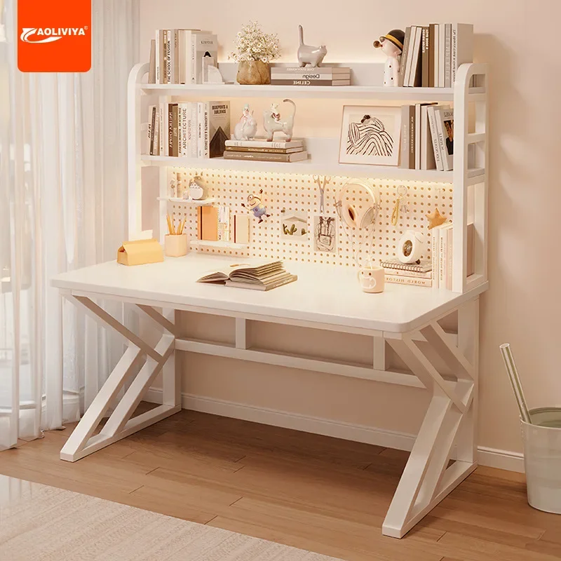 AOLIVIYA Hole Board Desk Bookshelf Integrated Table Student Writing Study Table Cream Style Home Desktop Computer Desk Bedroom