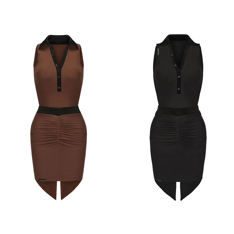 Mouwloze Latin Danskleding Vrouwen Dansen Oefenkleding Zwart Bruin Tops Sexy Wrap Hippe Rok Rumba Cha Cha Dans Jurk