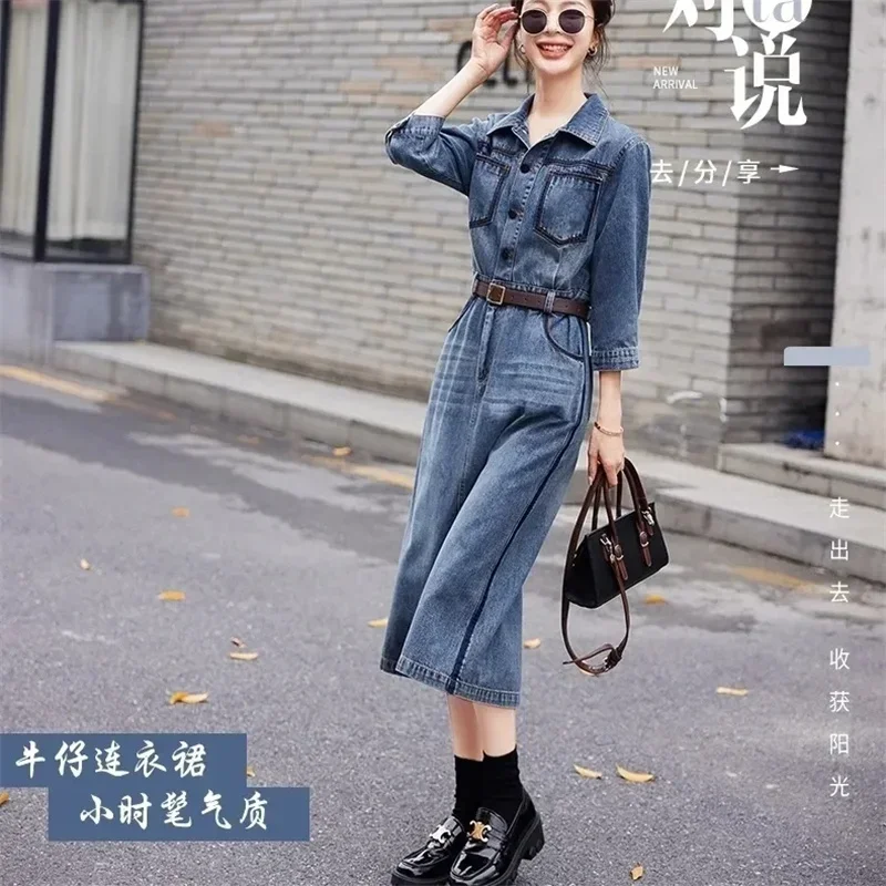Vintage Denim Dress Fashion Blue New Belt Shirt High Quality Dress Temperament Lapel Pocket Spring and Autumn