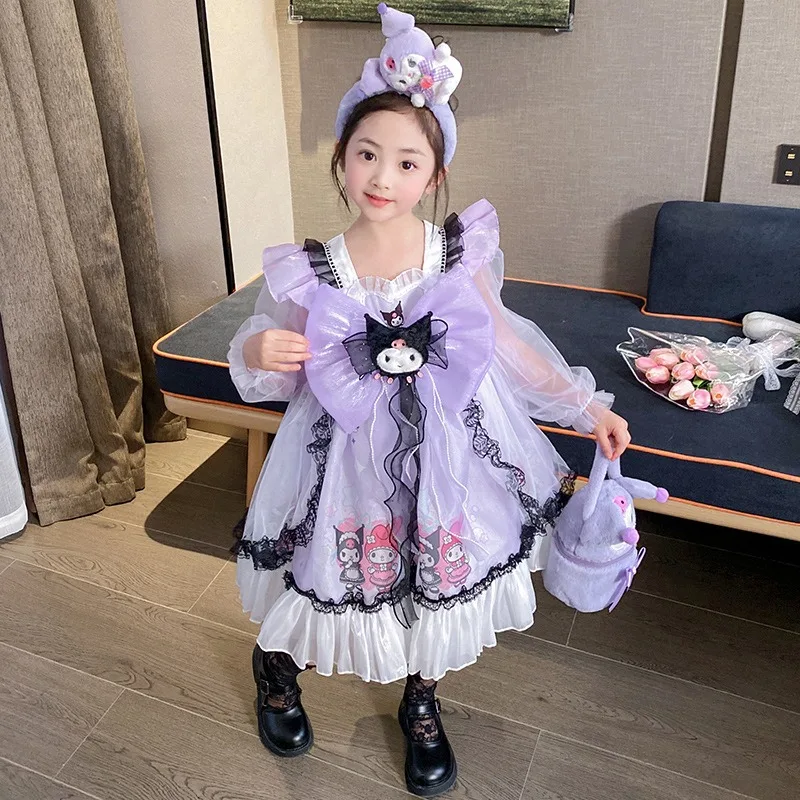 Sanrios Girls Purple Kuromi Spring 2024 New Anime Kawaii Childrens Cartoon Lolita Sweet Princess Dress Birthday Party Dress Gift