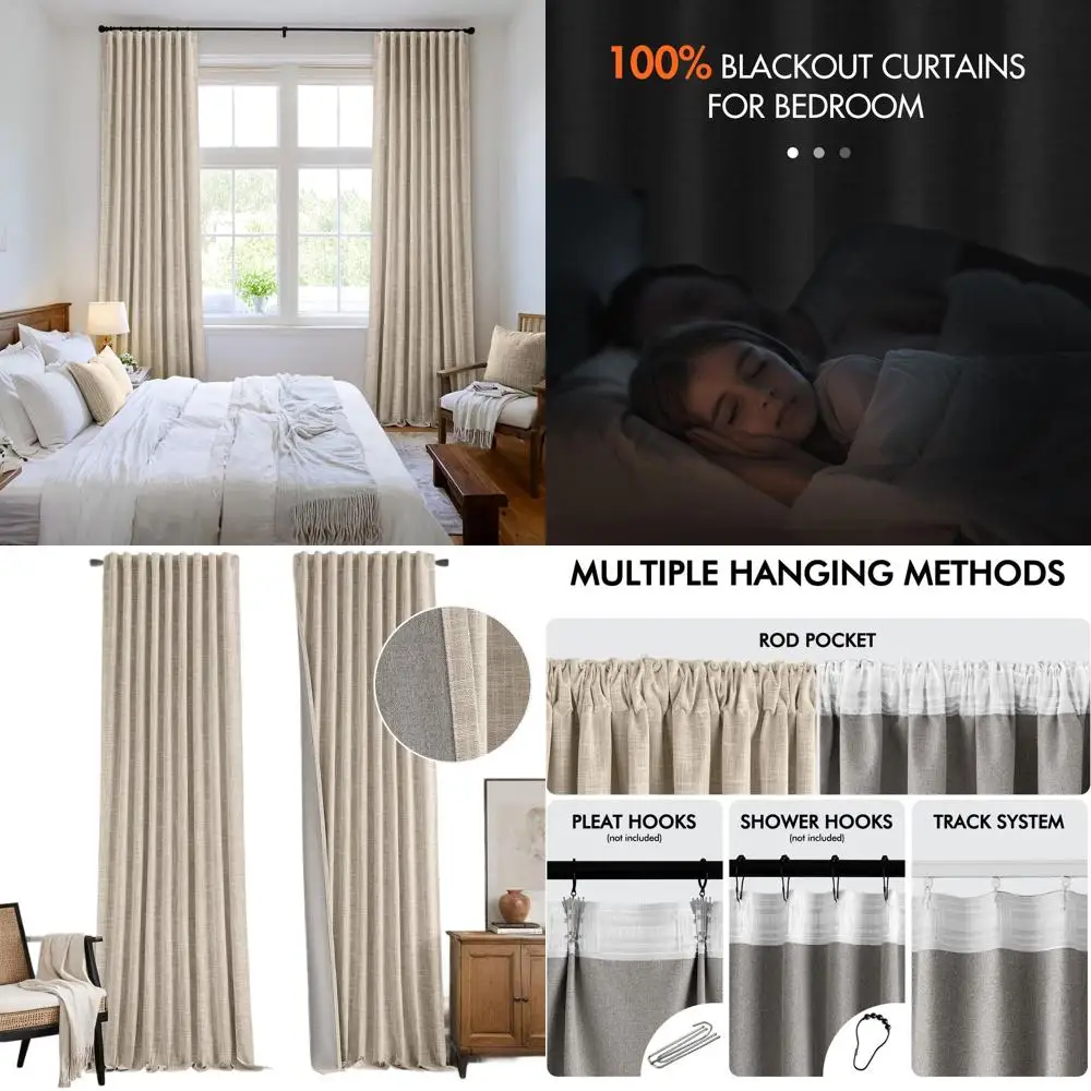 

108 двусторонних плиссированных льняных штор, 100% затемнение, комплект из 2 панелей, термоизолированные, для спальни и гостиной