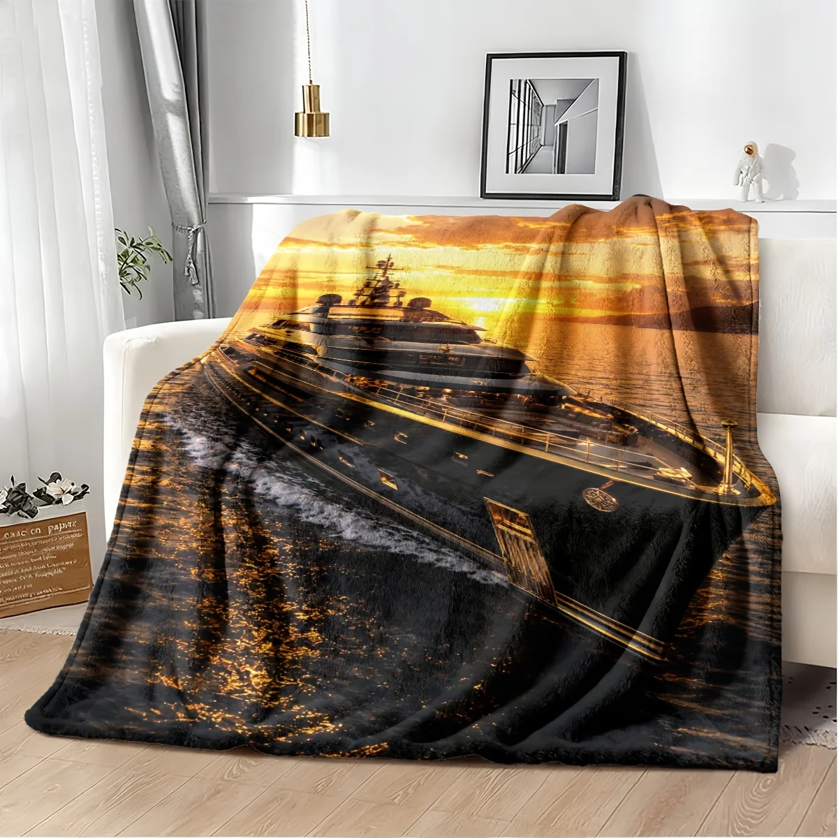 High Quality Large Warship Sunset Ocean Art Throw Blanket Fleece Cover 150x230cm Navy Maritime Decor Gifts for Home