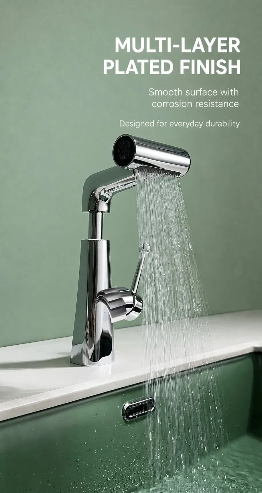 Pull Out Bathroom Sink Faucet, Height Adjustable 360° Swivel Dual Mode Hot Cold Brass Basin Mixer Tap with Sprayer
