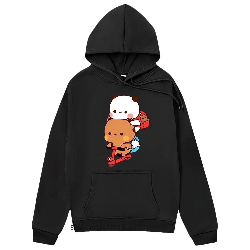 Panda and Brownie Bear Couple Bike Riding Hoodie Bubu and Dudu Print Kawaii Cute Women Long Sleeve Winter Plus Size Swaetshirt