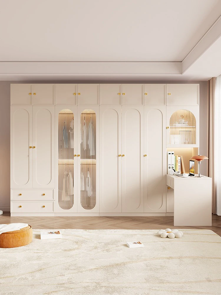 

Wardrobe, home bedroom, modern minimalist combination with glass door, storage cabinet, French light luxury cream style storage