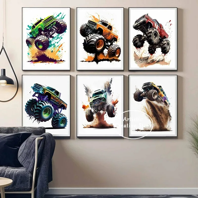 Watercolor Monster Truck Posters Canvas Painting Wall Art Pictures for Living Room Children\'s Home Decor Boys Gifts