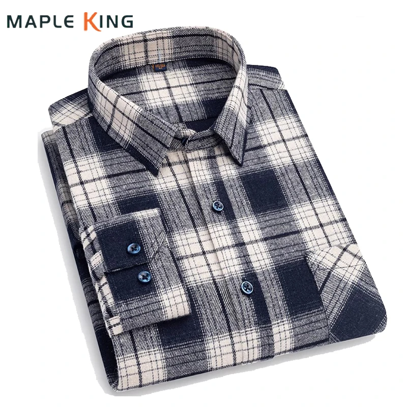 Vintage 100% Cotton Brushed Plaid Shirt for Men High Quality Long Sleeve Soft Regular-fit Office Business Shirts Mens Workwear