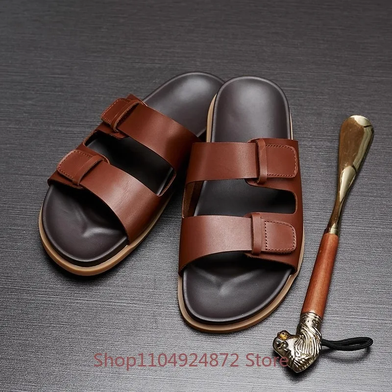 

Men's Slippers for Summer Outdoor Wear Trendy Slip on Fashion Casual Beach Sandals Male Genuine Leather Non Slip Flat Sole