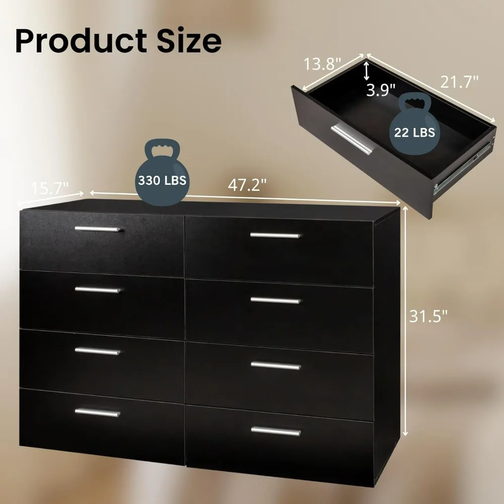 Black Dresser for Bedroom,Wood 8 Drawer Dresser Chest of Drawers, 55 Inch Dresser Bedroom Furniture, Large  Storage Chest