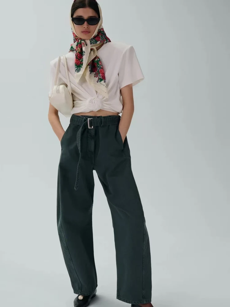 เสื้อยืดทรงหลวมผ้าฝ้ายสวมใส่สบายสำหรับฤดูร้อน แต่งลายดอกไม้ผูกเอว มีแผ่นรองไหล่