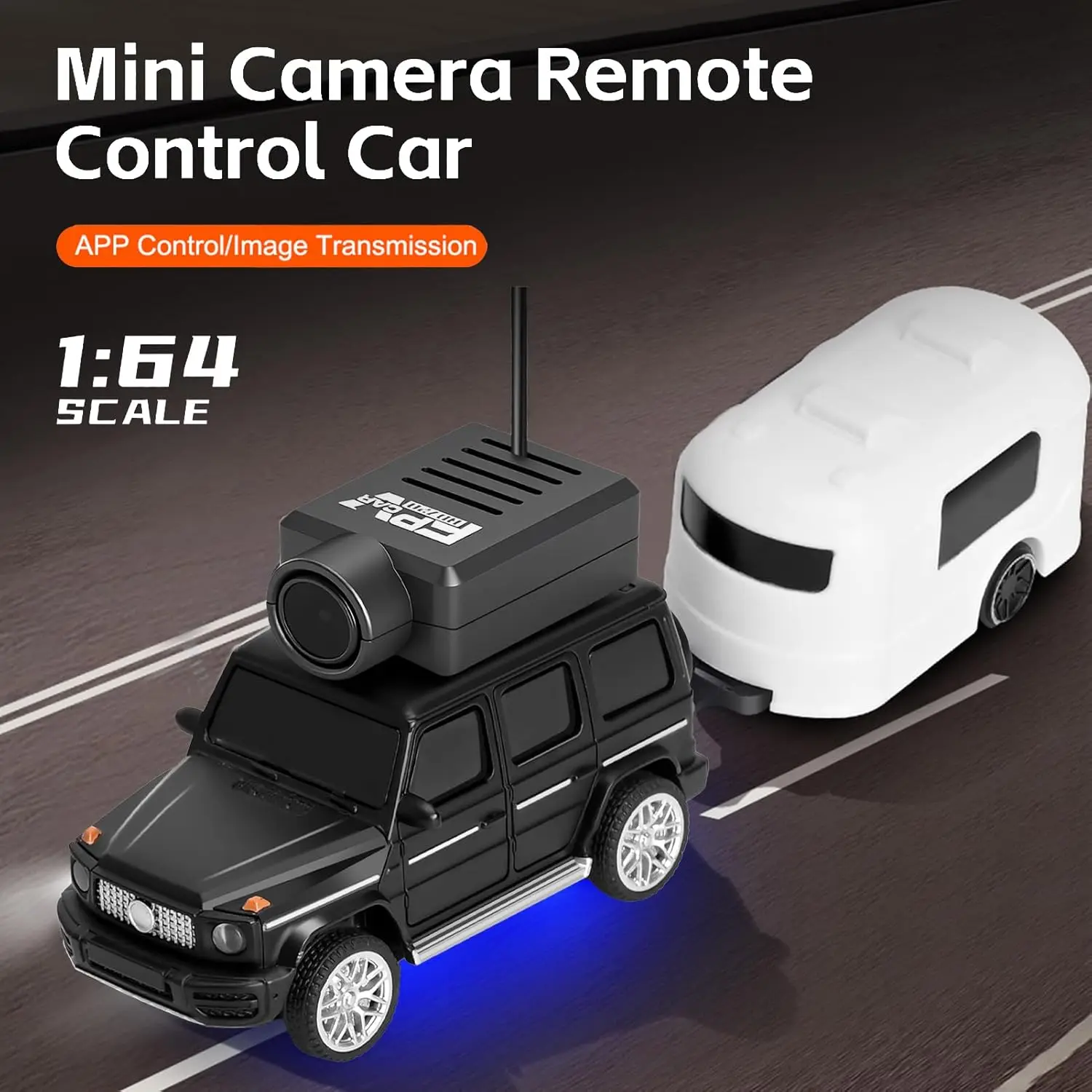 1:64 Scale RC Drift Car with FPV Camera, 720P WiFi Real‑Time Video via App, 2.4GHz Gyro Stabilization, Dual Control by Remote or Phone, 3 Speed Settings & Suspension System, LED Light Bars for Hobby Enthusiasts