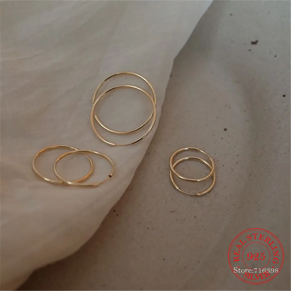 

100% Real 925 Sterling Silver Korean Simple Smooth Thin Earrings Women Trendy Temperament Jewelry 14k Gold Plating aretes Gift