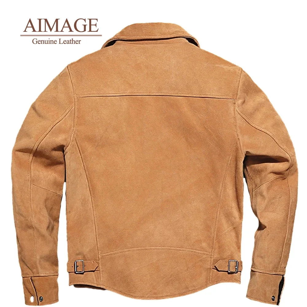 AIMAGE-Veste Pilote Vintage Marron en Cuir de Vache group, Manteau en Daim PY139