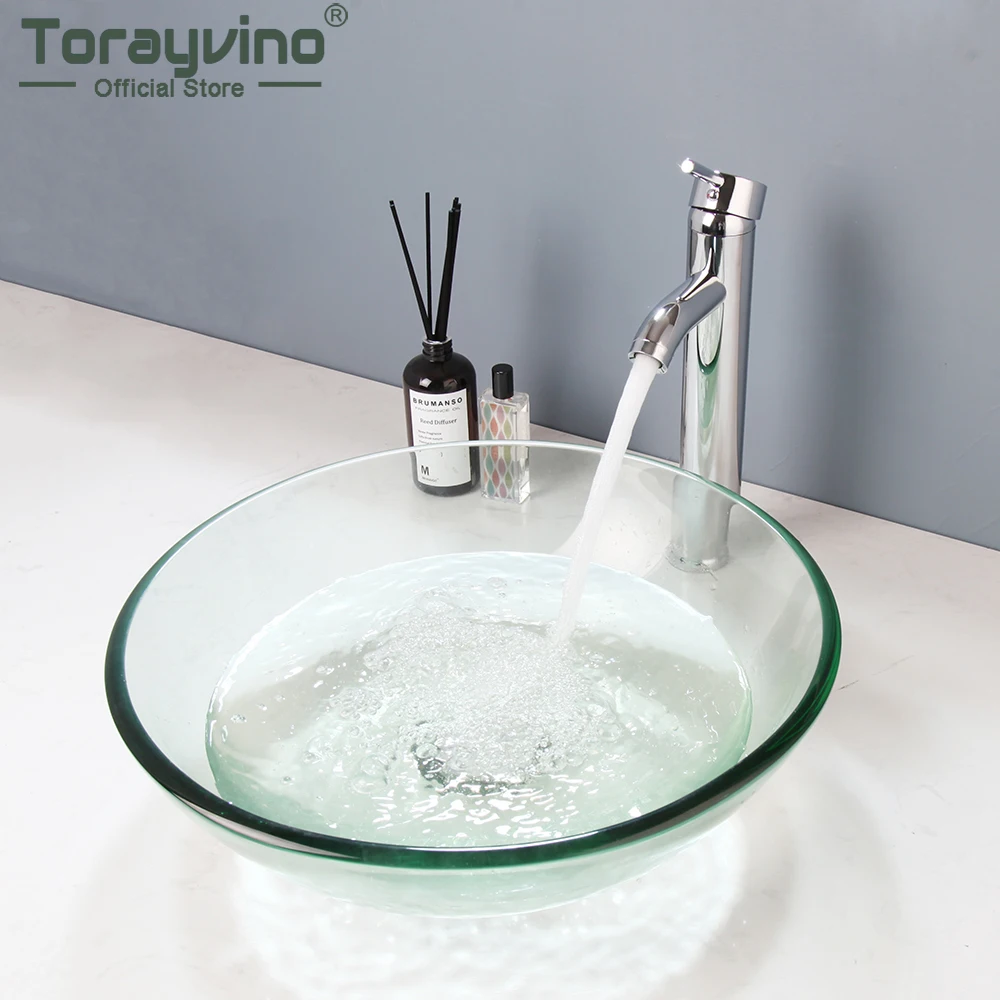 

Torayvino Round Bowl Bathroom Washbasin Faucet Set Transparent Tempered Glass Vessel Basin Faucets Mixer Water Tap W/ Pup Drain